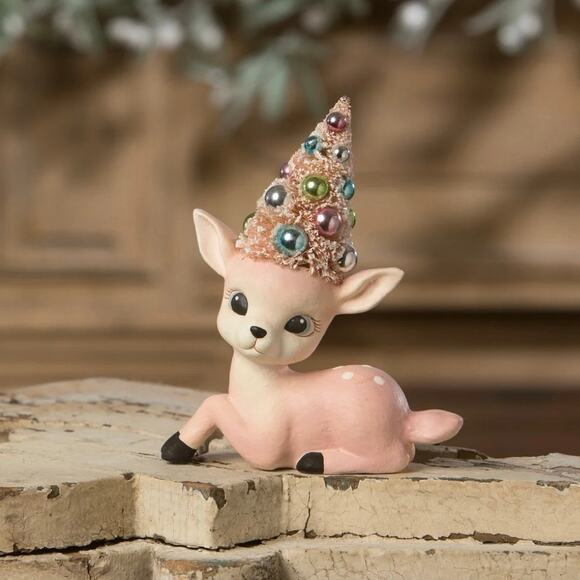 Set of 2 Bethany Lowe Pastel Pink Aqua Blue Reindeer Deer Bottle Brush Tree NEW - Picture 2 of 5